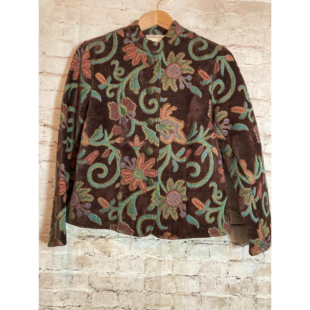 Chadwicks Tapestry Jacket Womens 10 Chocolate Fully Embroidered Floral Artsy